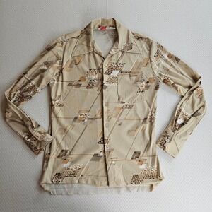 Vintage Picasso Mens Tan Geometric Disco Shirt 70s Retro Long Sleeve Small